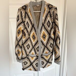 Roxy Open-Front Diamond Crochet Knit Cardigan in Gray, Black & Mustard